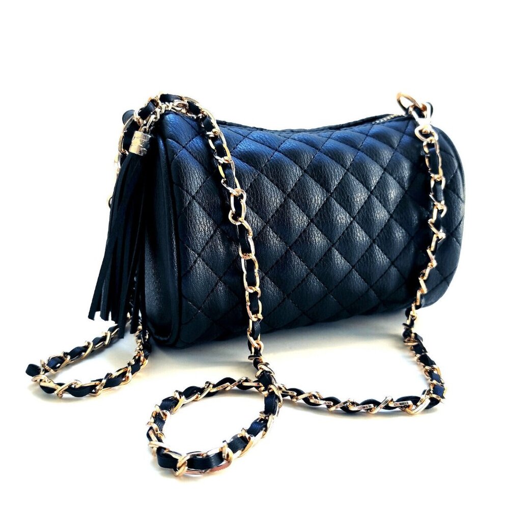 New DELUXITY Quilted Barrel Crossbody Bag with Tassel and Chain Strap Black